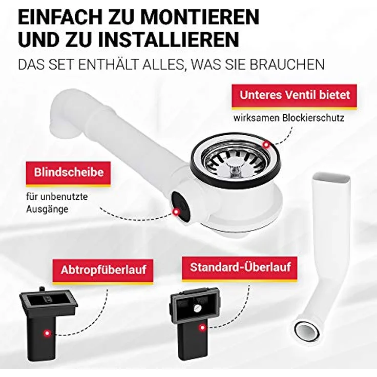 AquaDE Siebkorbventil 70 mm mit Raumschaffer und Überlauf-Set für Küchenspüle, rostfreier Edelstahl, weiß – Bild 6