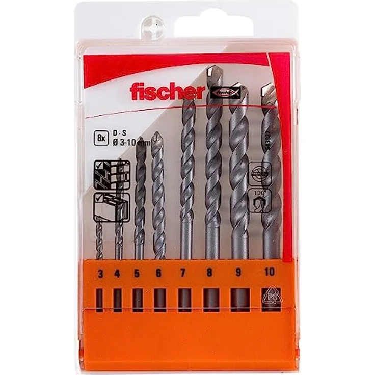 Fischer Steinbohrer D-S Set 3-10mm, 8-teilig mit robuster Hartmetallplatte und optimierter Wendelgeometrie – Bild 1
