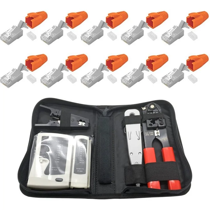 ARLI Crimpzange Netzwerk Werkzeugset + 10 RJ45 Netzwerkstecker mit Zugentlastung, Einführhilfe und Knickschutz, 15-tlg.