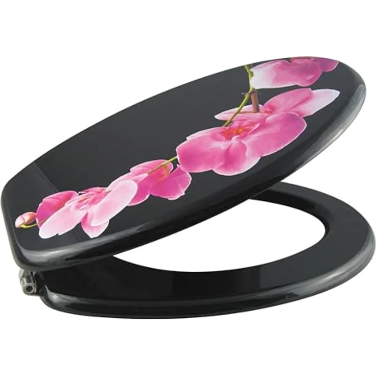 MSV WC-Sitz Lanyu, MDF mit Edelstahl-Scharnieren, 42,5 cm x 36,5 cm x 5 cm, Schwarz-Pink, hygienische Oberfläche, rutschfest – Bild 1