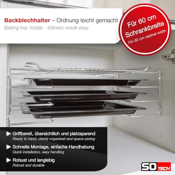 SO-TECH® Möbelbeschlag Backblechhalter für 4 Backbleche, chrom poliert, geeignet für 60 cm Küchenschrank, Abmessungen 364 x 140 x 182 mm – Bild 2