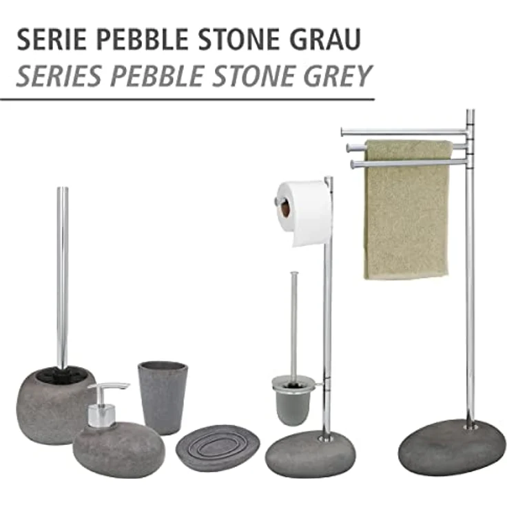 WENKO Offene WC-Garnitur Pebble Stone mit integriertem Toilettenpapierhalter, natürliche Steinoptik, inkl. WC-Bürste mit auswechselbarem Bürstenkopf, hochwertiger Kunststein, 23,5 x 70 x 19 cm, Grau – Bild 5