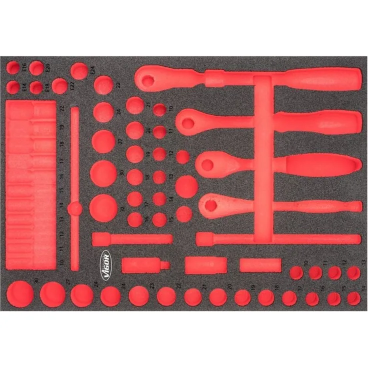 Vigor Weichschaum-Einlage, leer, 2K-Systemkoffer, L (563 x 393 x 35 mm), öl- und fettresistent, verrutschsicher, rote Muldenanzeige