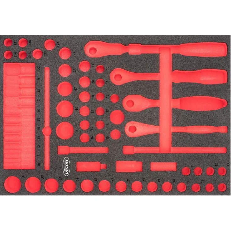 Vigor Weichschaum-Einlage, leer, 2K-Systemkoffer, L (563 x 393 x 35 mm), öl- und fettresistent, verrutschsicher, rote Muldenanzeige