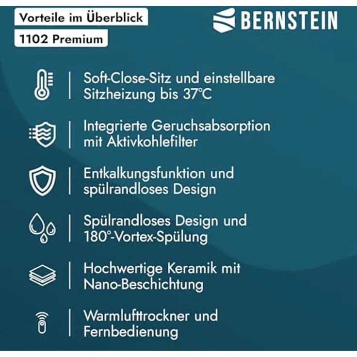 Bernstein Dusch-WC PREMIUM 1102, Dusch-WC mit Sitzheizung, Entkalkungsfunktion, LED-Nachtlicht, Weiß, 2 Benutzerprofile – Bild 9
