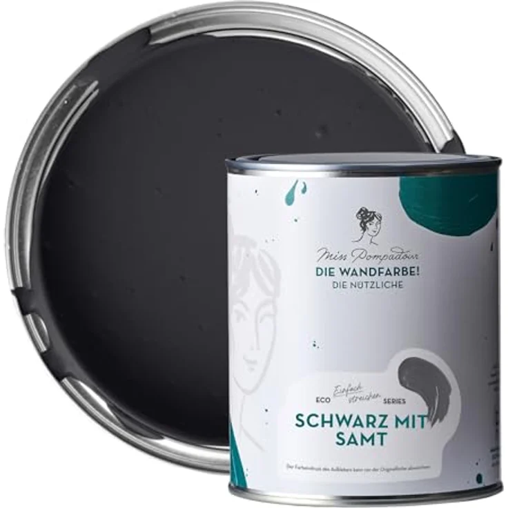MissPompadour Wandfarbe Schwarz mit Samt, abwaschbare, scheuerbeständige und wasserbasierte Wandfarbe mit hoher Deckkraft, 1 L – Bild 1