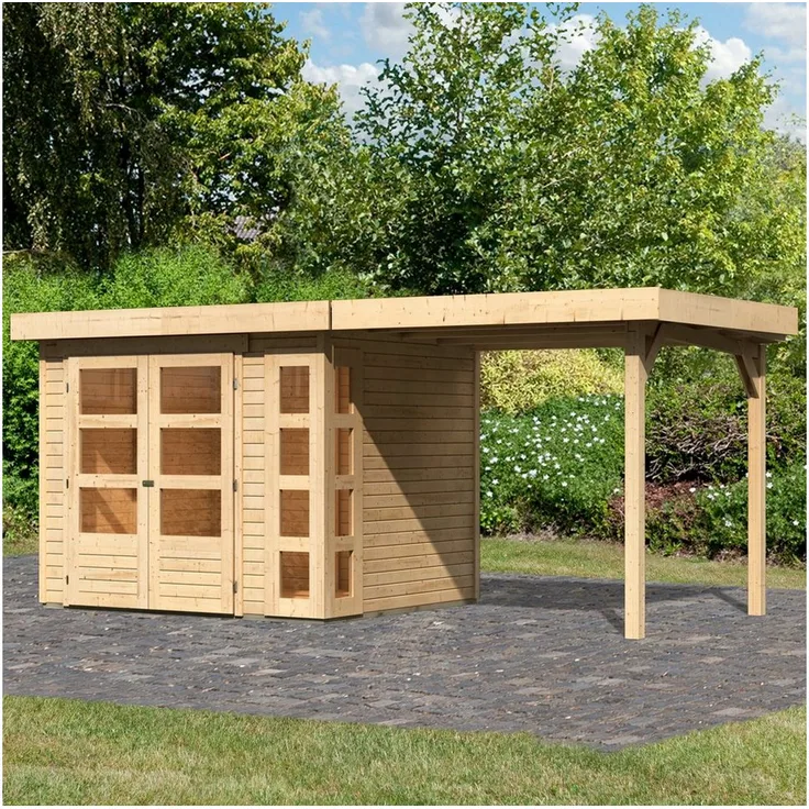Karibu Gartenhaus Kerko 3, BxT: 491x238 cm, naturbelassen, Fichte, Sicherheitsüberfalle, 8 feststehende Fenster, Doppelflügeltür