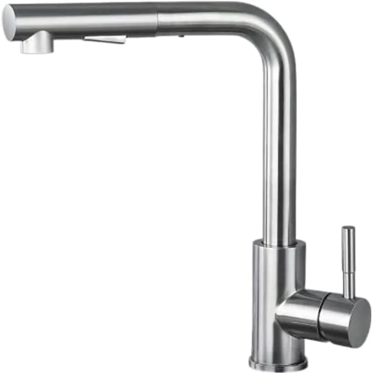 KitchenQuality Küchenarmatur 31 cm, Edelstahl gebürstet, ausziehbar & 360° schwenkbar, Brause mit Umschalter, einfache Montage