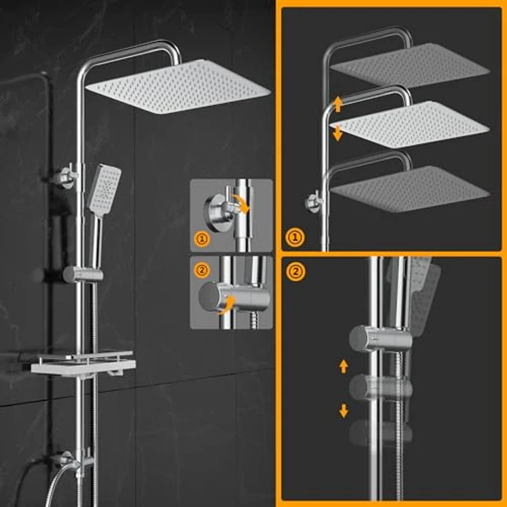 Görbach Regendusche Duschsystem, 25x25 cm Kopfbrause aus Edelstahl mit 3 Strahlarten, chrom – Bild 5