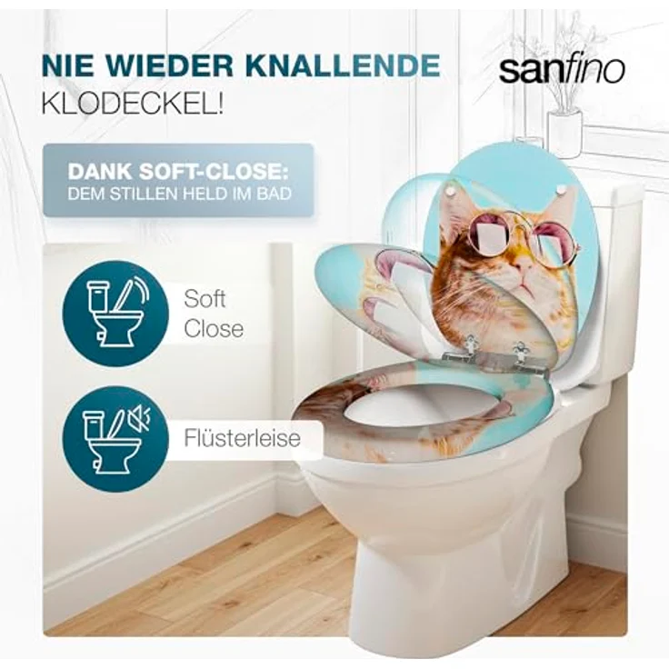 Sanfino Cool Cat WC Sitz aus Holz, hellblau mit Absenkautomatik und verchromten Metallscharniere – Bild 2