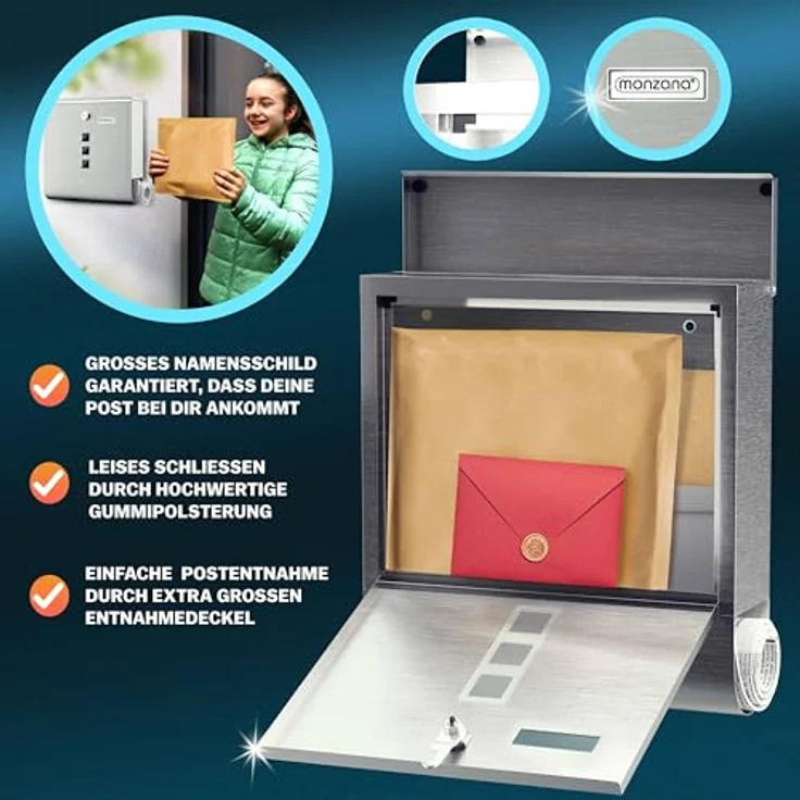 monzana Design Briefkasten Edelstahl silber mit Zeitungsfach Sichtfenster 2 Schlüssel Namensschild Wandbriefkasten – Bild 3