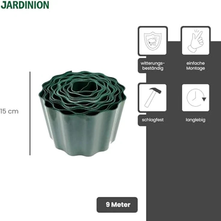 Jardinion Rasenkanten für Beeteinfassung, 9m x 15cm, grün, witterungsbeständig und schlagfest, hohe Stabilität – Bild 2