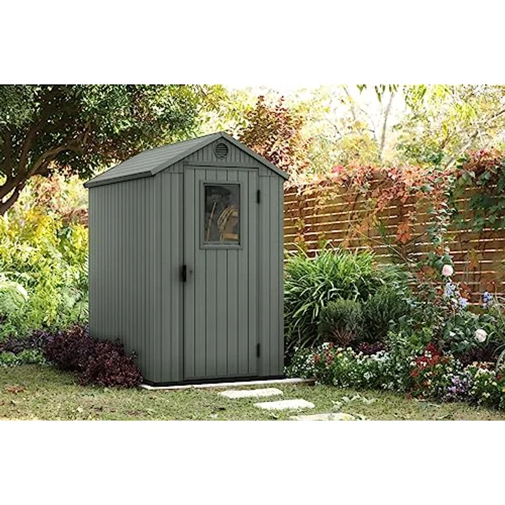Keter Gartenhaus Darwin 4x6, Holzoptik, Salbeigrün, Wetterfest, UV-beständig, inkl. Belüftungslöcher – Bild 3