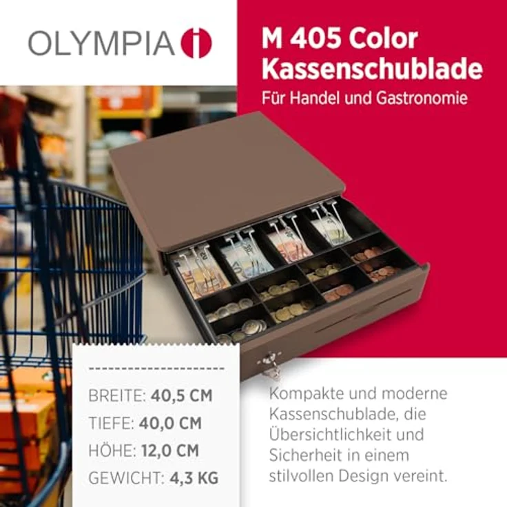 OLYMPIA M 405 Mokka, Kassenlade mit 8 Münz- & 4 Scheinfächern, elektrischer Unterbau aus Vollmetall, Schloss & RJ11/RJ12-Anschluss – Bild 2