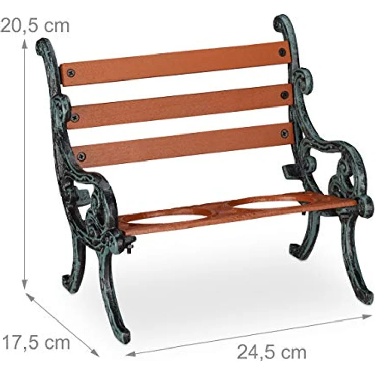 Relaxdays Mini Blumenbank, Gusseisen & Holz, Blumenständer für 2 Blumentöpfe, Ø 7,5 cm, Garten Deko, braun/grau-grün – Bild 4