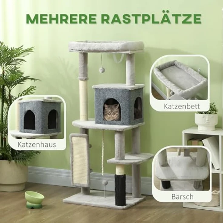 PawHut Kratzbaum 132 cm Katzenbaum mit Katzenhöhle, Spielball, Sisal-Kratzsäulen, für Katzen bis 6 kg, Hellgrau – Bild 3