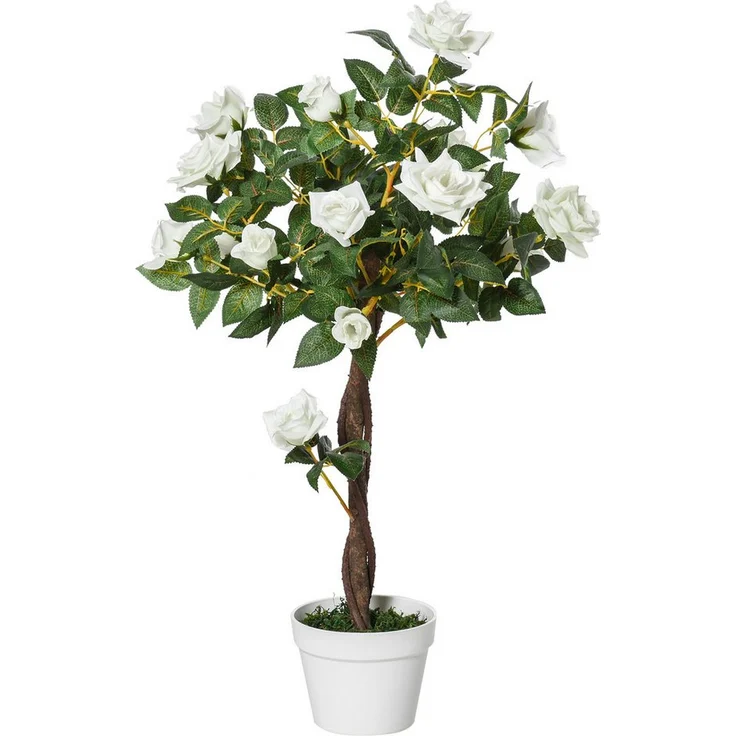 Outsunny Kunstpflanze groß 90 cm Rosenbaum im Topf, künstliche Pflanze, Weiß, für moderne Dekoration ohne Pflegeaufwand – Bild 1