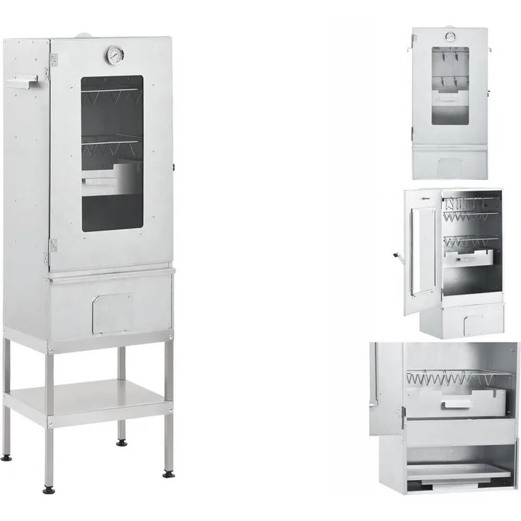 vidaXL Holzkohlegrill Räucherofen Smoker Räucherschrank Grill Räuchern mit Tisch Verzinkter Stahl, inkl. Thermometer und Ablageflächen