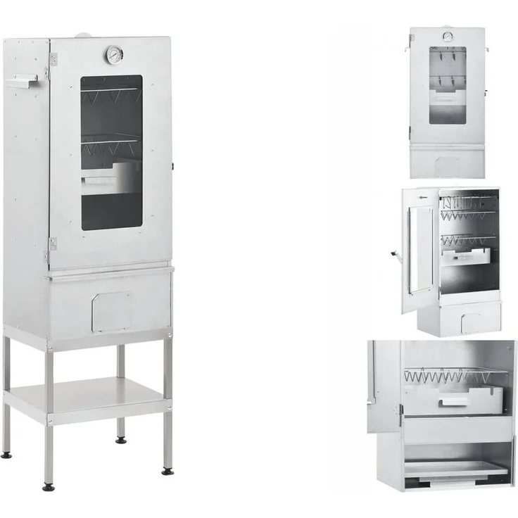 vidaXL Holzkohlegrill Räucherofen Smoker Räucherschrank Grill Räuchern mit Tisch Verzinkter Stahl, inkl. Thermometer und Ablageflächen – Bild 1