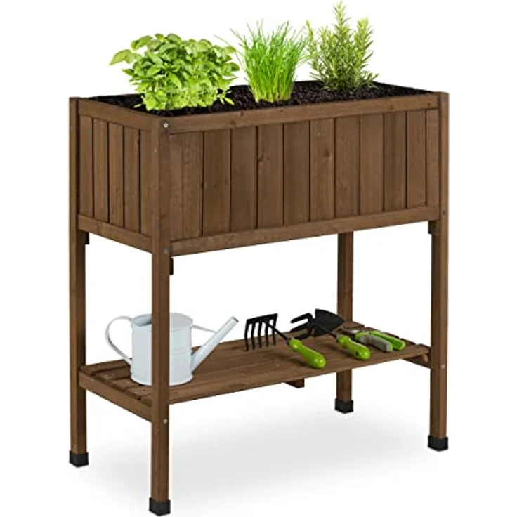Relaxdays Hochbeet, Folie, Ablage, HxBxT: 80 x 74 x 38 cm, Garten, Balkon & Terrasse, Pflanztisch, Tannenholz, braun – Bild 1