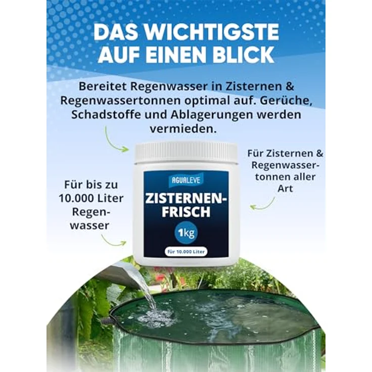 AGUALEVE® Zisternenfrisch 1kg - Für frisches Regenwasser, geeignet für alle Zisternen & Regenwassertonnen, Made in Germany, für bis zu 10.000 Liter, Note 1,1 – Bild 2