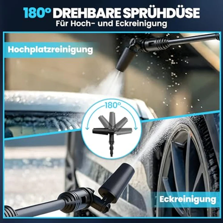 Bundviel 180Bar Akku Hochdruckreiniger, 6-in-1 Druckreiniger mit 2×4000mAh Akkus und 180° Rotationsdüse für Auto, Terrasse und Outdoor-Reinigung – Bild 5
