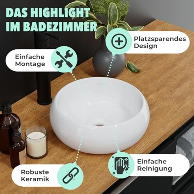 HAGO Aufsatzwaschbecken Keramik Ø350x120mm rund Kieselstein-Design kratzfest elegantes Weiß – Bild 2