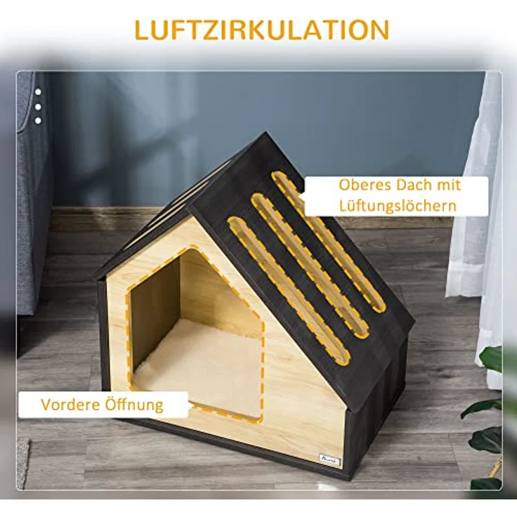 Pawhut Hundehütte aus Holz Indoor Katzenhöhle Katzenhaus Hundeschlafplatz mit Kissen Hundehaus Hundehöhle mit schrägem Dach für kleine Hunde bis 8 kg 60 x 40 x 59,2 cm - Preisvergleich – Bild 5