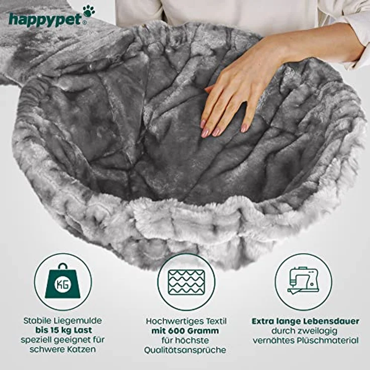 HAPPYPET Kratzbaum für große Katzen 'Oscar' - Premium Katzenbaum stabil 47 kg, 12 cm Dicke Stämme für schwere Katzen Maine Coon, 600g Plüsch, 2 Liegemulden und Höhle, E1 geprüftes Holz – Bild 4