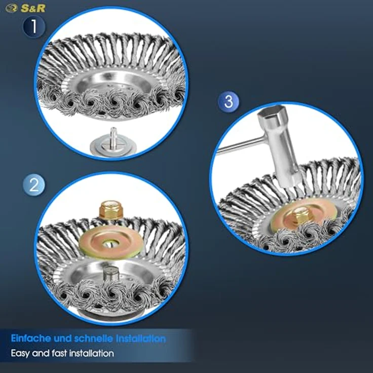 S&R Unkrautbürste 200 mm, 5-teiliges Set mit gezopftem Stahldraht, Kegelbürste für Motorsense zur effektiven Unkraut- und Moosentfernung – Bild 3