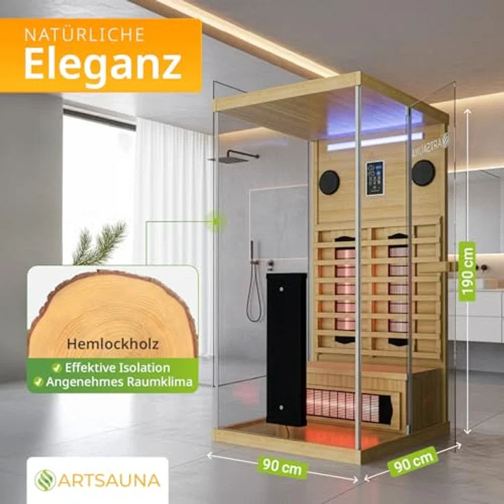 Artsauna Infrarotkabine Göteborg, Vollspektrumstrahler 1450 W, natur, 90x190x90 cm, LED-Beleuchtung, Bluetooth und Radio – Bild 2