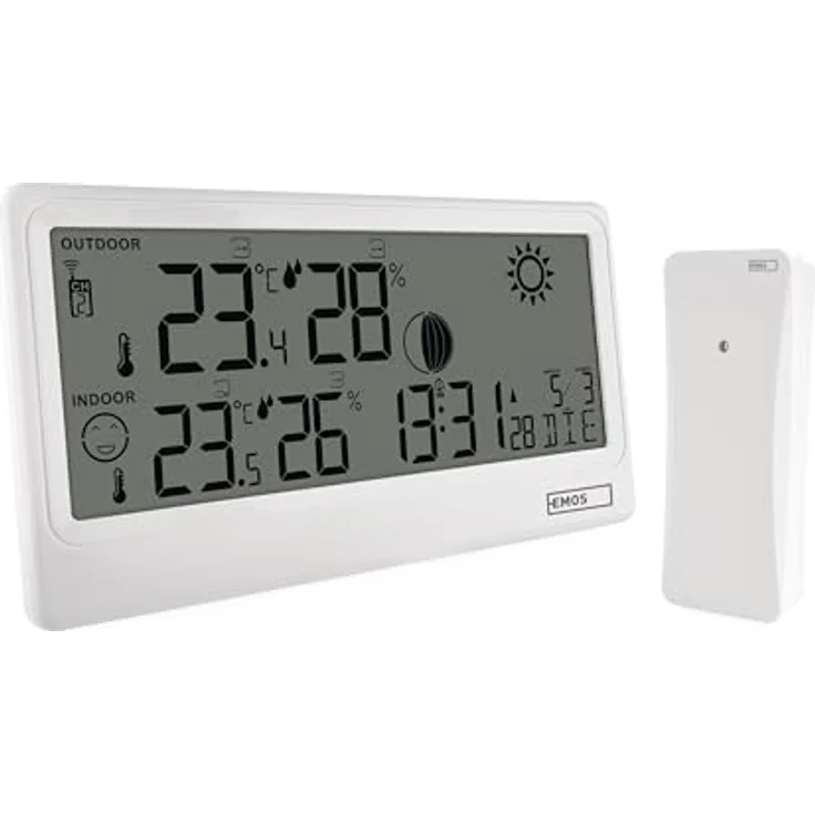 EMOS Funk-Wetterstation E0531, Wettervorhersage mit Außensensor, Innen-/Außentemperatur, Luftfeuchtigkeit, DCF-Uhr und Wecker - batteriebetrieben, weiß – Bild 1
