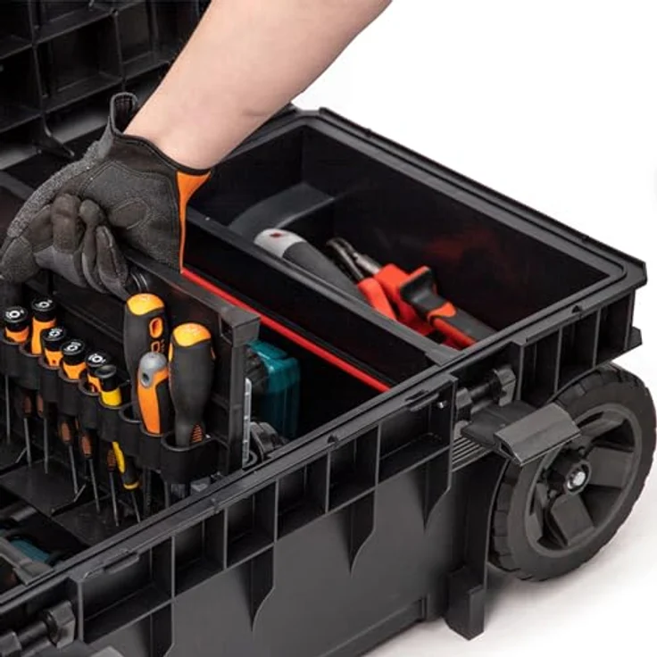 Tool Brothers RHINO XXL Trolley ECO Longer Work+, mobile Werkzeugkiste mit 50 l Volumen, 3 verstellbaren Fächern und Aluminium-Montageschienen, 793 x 385 x 322 mm – Bild 4