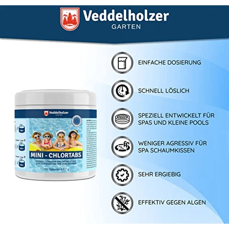Veddelholzer 180 Mini Chlortabletten, schnelllösliche Multitabs für Poolwasserpflege, 486 Gramm für Süßwasser bis 50.000 m³ – Bild 2