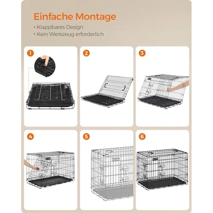 Feandrea Hundekäfig, klappbar, mit 2 Türen, ausziehbare Kunststoffschale, XXXL, schwarz - Sicher und komfortabel für große Hunde – Bild 5