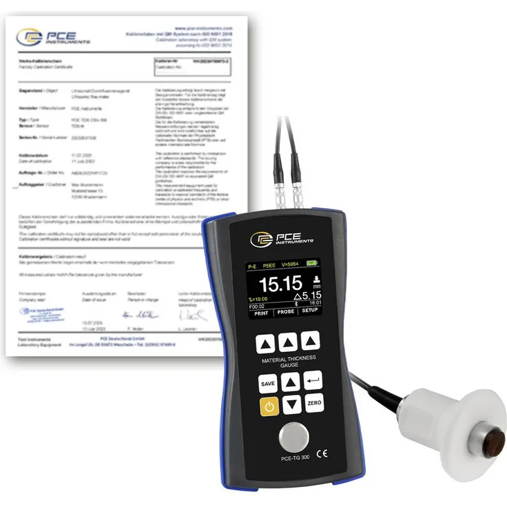 PCE Instruments Materialdickenmessgerät PCE-TG 300-HT5-ICA, 1…600mm Messbereich, 5MHz Sensor ⌀12mm, Bluetooth, inkl. ISO-Zertifikat