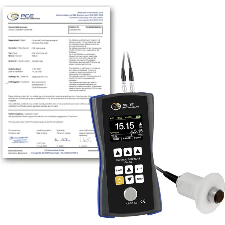PCE Instruments Materialdickenmessgerät PCE-TG 300-HT5-ICA, 1…600mm Messbereich, 5MHz Sensor ⌀12mm, Bluetooth, inkl. ISO-Zertifikat
