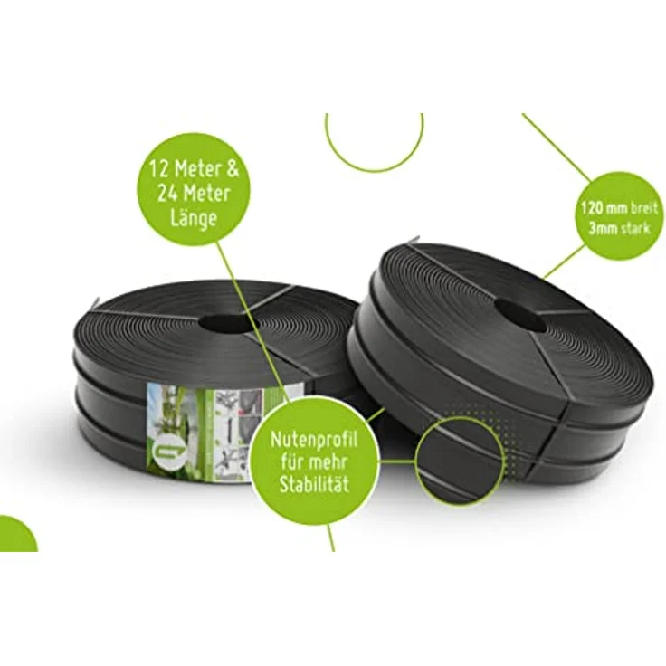 TerraUno - Kunststoff Rasenkante 12 Meter - Breite 120mm I Stärke 3mm I Rasenabgrenzung & Beeteinfassung I Flexible Rasenkante aus Kunststoff mit verstärktem Profil für stabilen Halt – Bild 3