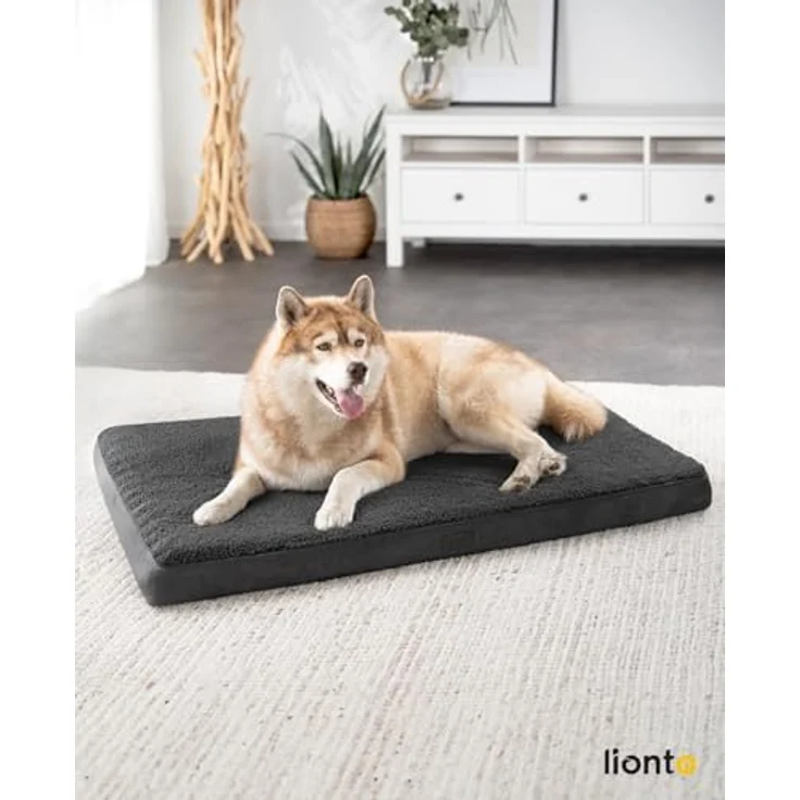 lionto Hundebett orthopädisch, 112x81x8 cm, robustes Hundekissen mit weichem Plüsch, abnehmbarer & waschbarer Bezug, wasserabweisend, schwarz, geeignet für kleine & große Hunde + Katzen – Bild 2
