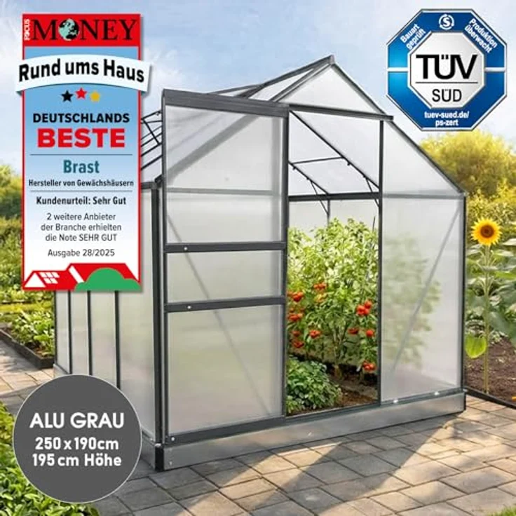 BRAST Gewächshaus Aluminium mit Fundament, 250x190x195cm, grau, TÜV geprüft, 6mm Hohlkammerplatten, rostfrei, wetterfest, temperaturbeständig – Bild 2