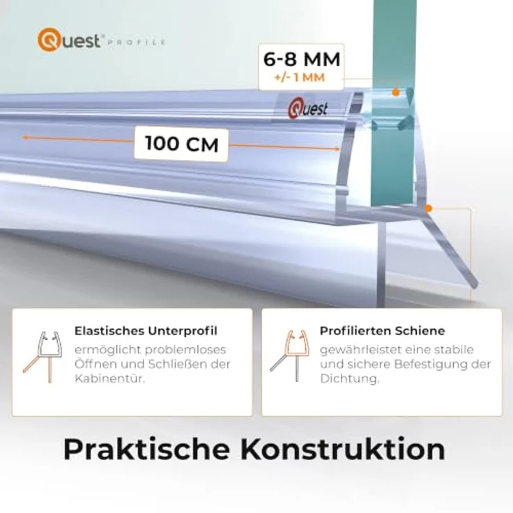 Quest Duschdichtung unten 100 cm, für Glas 6-8 mm, klar, 2 Stück, Weich-PVC, einfache Montage – Bild 3