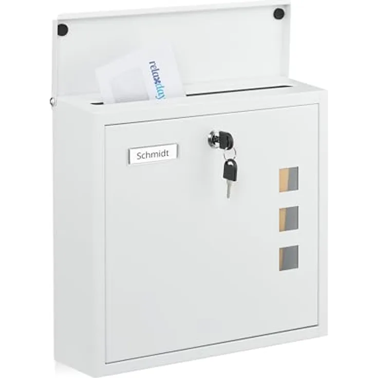 relaxdays Wandbriefkasten, Briefkasten mit Sichtfenster für DIN C4-Post, weiß