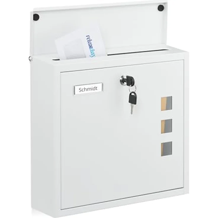 relaxdays Wandbriefkasten, Briefkasten mit Sichtfenster für DIN C4-Post, weiß – Bild 1