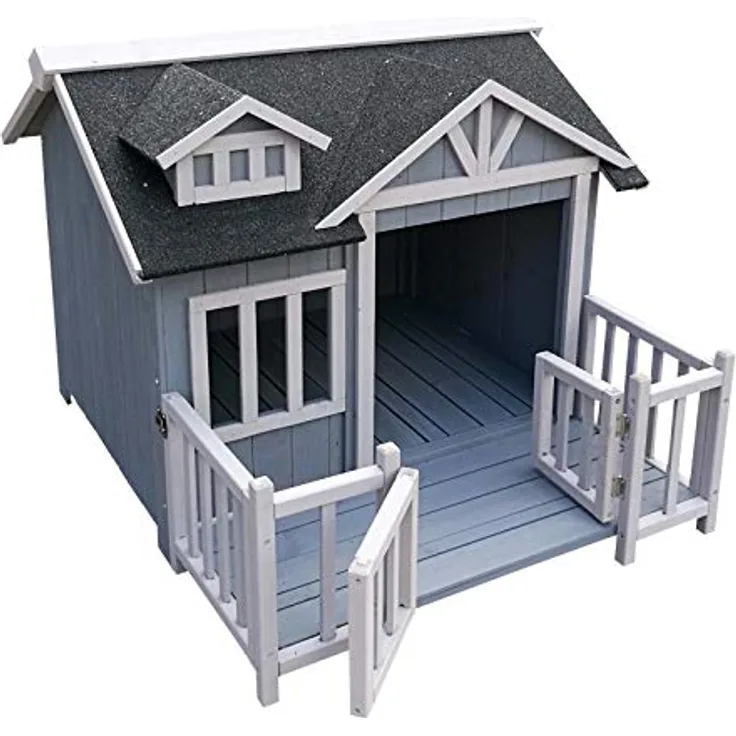 Wiltec Luxus XL Hundehütte 93,5 x 77,5 x 70 cm, grau weiß, Hundehaus aus Holz mit Veranda - Wetterschutz, elegantes Design, hochwertiges Material