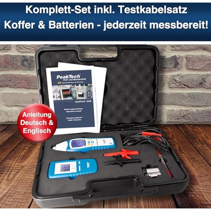 PeakTech 3435 Leitungssuchgerät mit Sender & Empfänger für Kurzschlüsse, Sicherungen, metallische Rohranlagen, Spannungsmesser, Leitungsfinder in Wänden, Decken, Böden - Empfangstiefe: bis 2 Meter – Bild 6