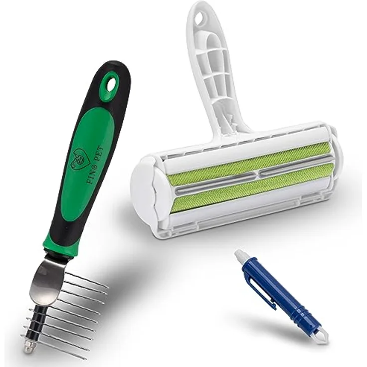 FinoPet 3er Entfilzungs-Set Entfilzungskamm als Hundekamm/Katzenkamm, XL Fusselrolle und Zeckenzange, Entfilzungsharken/Kamm für alle Tiergrößen, Tierhaarentferner, Automatische Zeckenentfernung