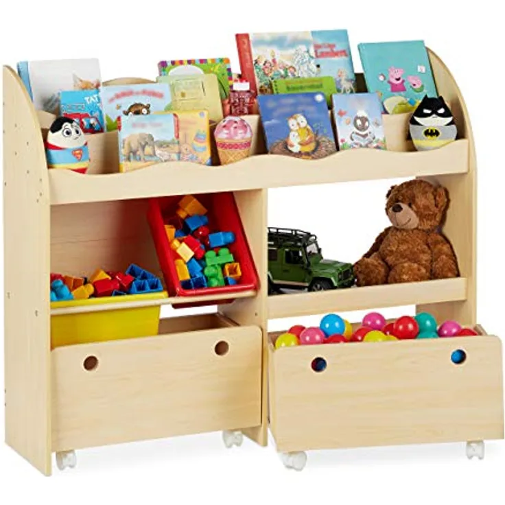 Relaxdays Kinderregal, Spielzeug Aufbewahrung, Kunststoff Boxen, Bücherregal, MDF, HxBxT: 88 x 108 x 29 cm, Holzoptik, Beige