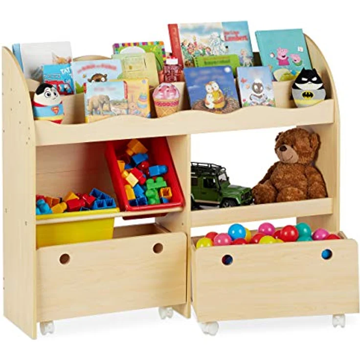 Relaxdays Kinderregal, Spielzeug Aufbewahrung, Kunststoff Boxen, Bücherregal, MDF, HxBxT: 88 x 108 x 29 cm, Holzoptik, Beige – Bild 1
