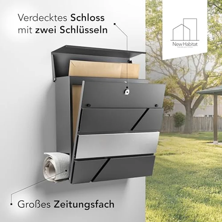 NewHabitat Moderner Briefkasten Anthrazit - Wandbriefkasten mit Zeitungsfach, rostfrei & UV-beständig, personalisierbar mit Lasergravur, inkl. Montagematerial – Bild 5