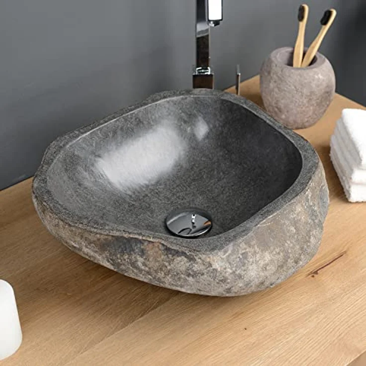 40 cm Naturstein-Waschbecken rund grau Naturstein-Waschschale Flussstein-Aufsatz-Hand-Waschbecken oval rund eckig WOHNFREUDEN – Bild 3